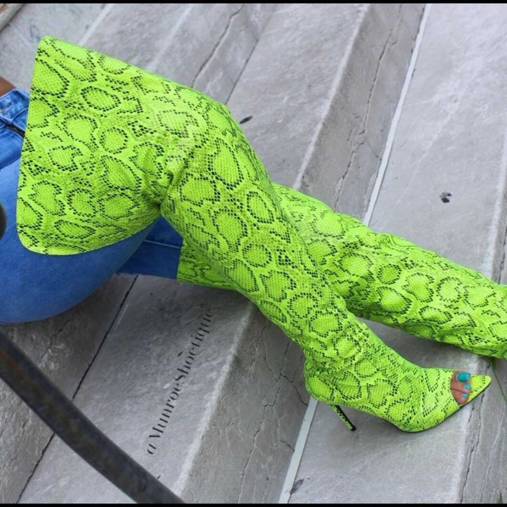 Lime Snakeskin Print Thigh High Boots